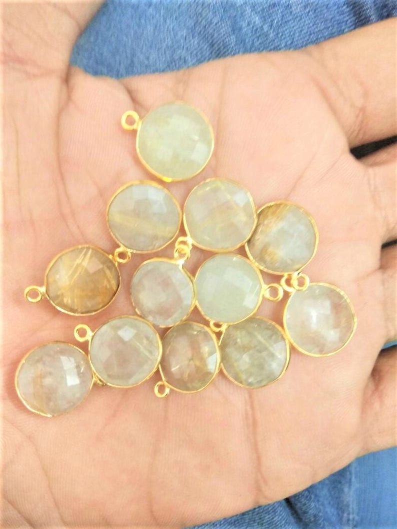 Rutile quartz charms connecctor ON SALE-Natural AAA 10pices Golden rutile quartz 12mm coin faceted brass gold plated charms connector