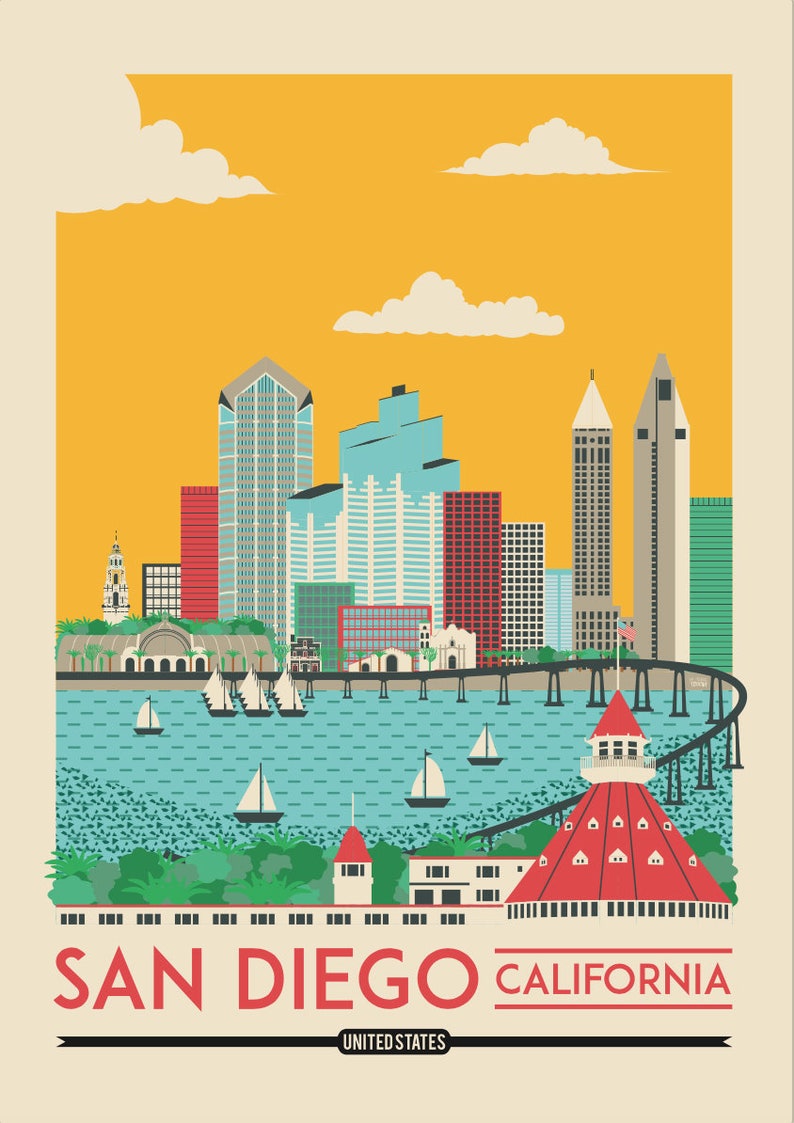 San Diego Cityscape Art Print: California Travel Poster - Etsy