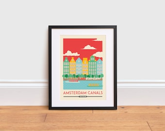 Amsterdam Grachten Print: Buntes Stadtbild Reise-Poster