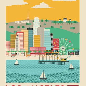 May include: A colorful illustration of the Los Angeles skyline with the Hollywood sign, skyscrapers, a Ferris wheel, a pier, and sailboats in the ocean. The text "Los Angeles" and "Golden State" are in red, and "United States" is in black.