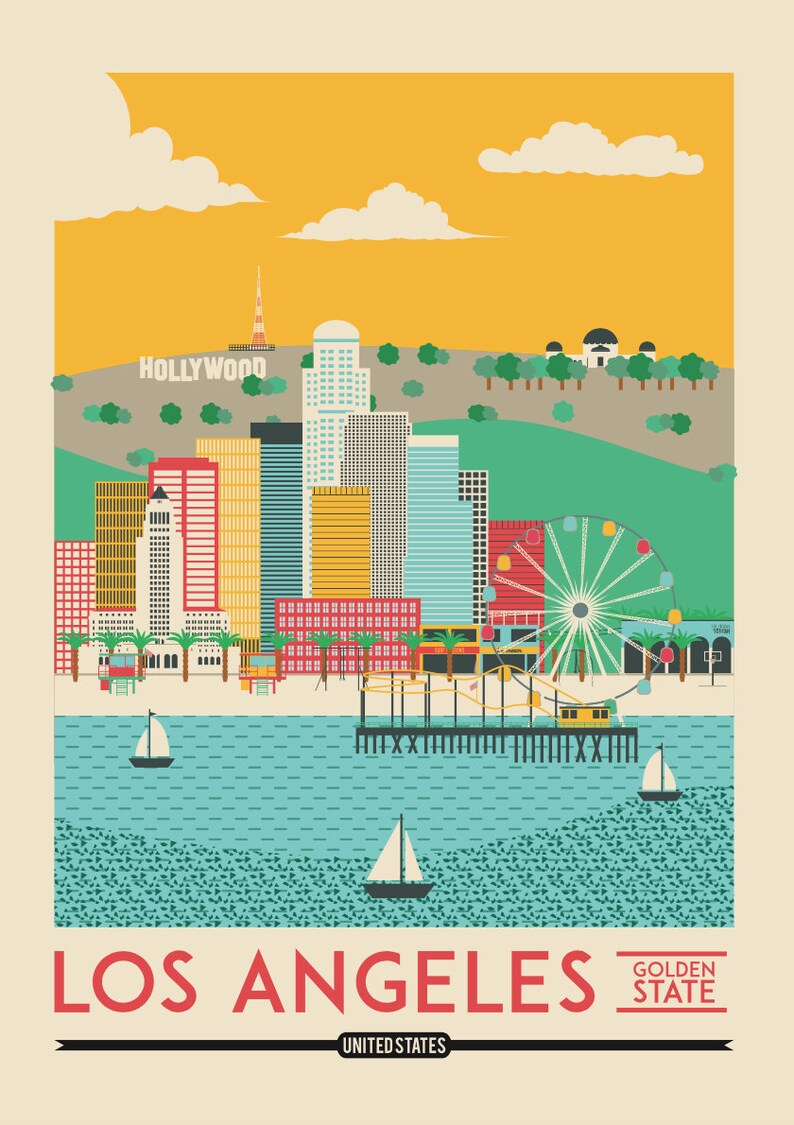 May include: A colorful illustration of the Los Angeles skyline with the Hollywood sign, skyscrapers, a Ferris wheel, a pier, and sailboats in the ocean. The text "Los Angeles" and "Golden State" are in red, and "United States" is in black.