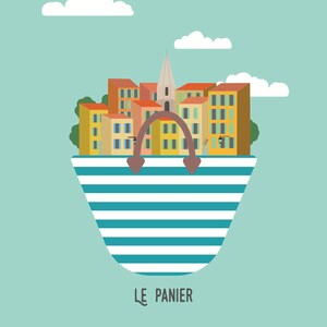 May include: A blue and white striped beach bag with a brown handle. The bag is filled with a colorful cityscape with a church steeple, buildings, and trees. The text "LE PANIER" is below the bag.