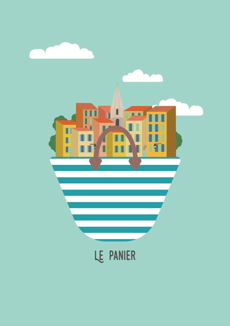 May include: A blue and white striped beach bag with a brown handle. The bag is filled with a colorful cityscape with a church steeple, buildings, and trees. The text "LE PANIER" is below the bag.