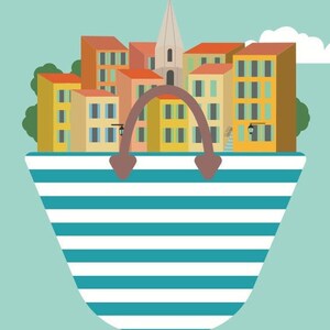 May include: A blue and white striped beach bag with a cityscape inside. The cityscape features colorful buildings and a church steeple.
