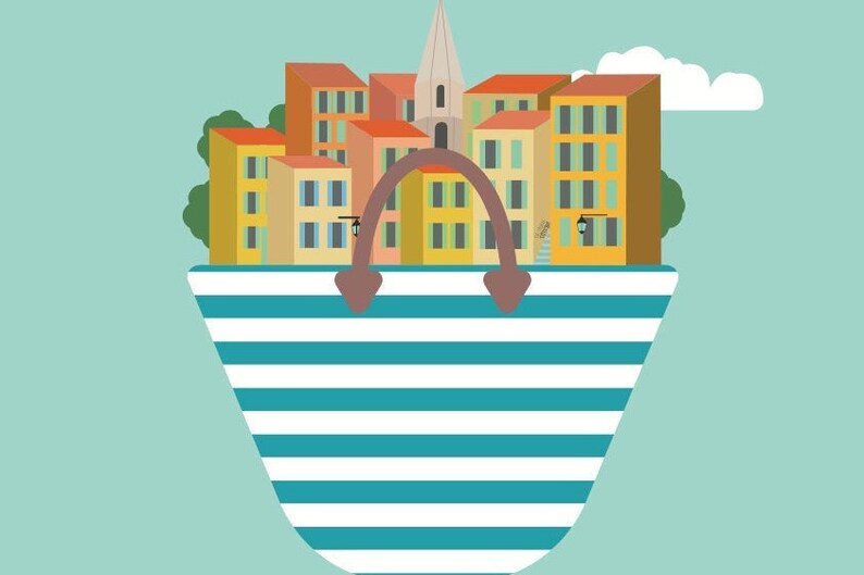 May include: A blue and white striped beach bag with a cityscape inside. The cityscape features colorful buildings and a church steeple.