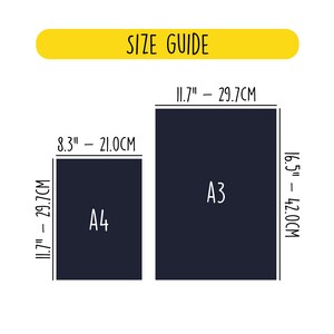 May include: Size guide for A3 and A4 paper sizes. A3 paper measures 11.7 inches by 16.5 inches or 29.7 cm by 42.0 cm. A4 paper measures 8.3 inches by 11.7 inches or 21.0 cm by 29.7 cm.