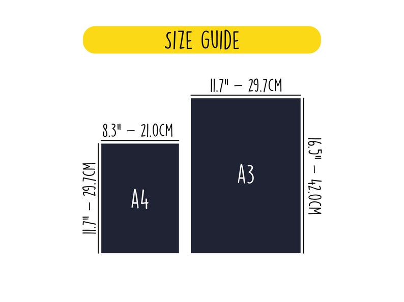 May include: Size guide for A3 and A4 paper sizes. A3 paper measures 11.7 inches by 16.5 inches or 29.7 cm by 42.0 cm. A4 paper measures 8.3 inches by 11.7 inches or 21.0 cm by 29.7 cm.