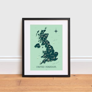 Carte illustrée du Royaume Uni - Poster Grande Bretagne | Affiche Voyage