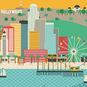 May include: A colorful illustration of the Los Angeles skyline with the Hollywood sign, skyscrapers, a Ferris wheel, a pier, and palm trees. The ocean is in the foreground.