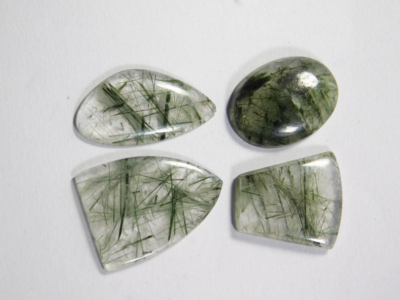 Top Tourmalinated Rutile Quartz Loose Gemstone For Jewellery 26 Cts 4 Pcs Natural Green Rutilated Tourmalinated Quartz Cabochon R-7674