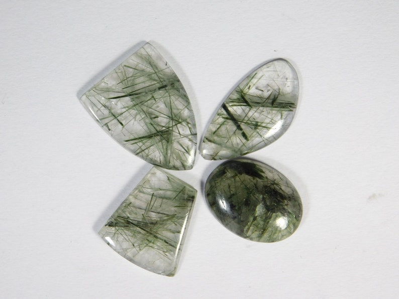 Top Tourmalinated Rutile Quartz Loose Gemstone For Jewellery 26 Cts 4 Pcs Natural Green Rutilated Tourmalinated Quartz Cabochon R-7674