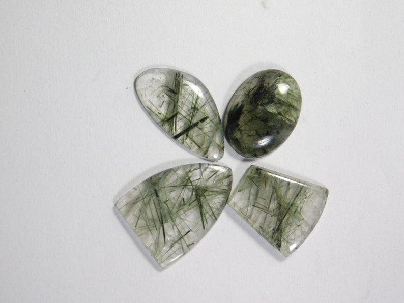 Top Tourmalinated Rutile Quartz Loose Gemstone For Jewellery 26 Cts 4 Pcs Natural Green Rutilated Tourmalinated Quartz Cabochon R-7674