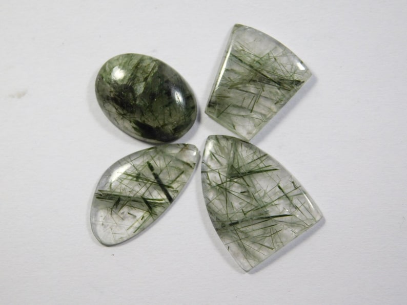 Top Tourmalinated Rutile Quartz Loose Gemstone For Jewellery 26 Cts 4 Pcs Natural Green Rutilated Tourmalinated Quartz Cabochon R-7674