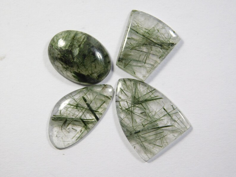Top Tourmalinated Rutile Quartz Loose Gemstone For Jewellery 26 Cts 4 Pcs Natural Green Rutilated Tourmalinated Quartz Cabochon R-7674
