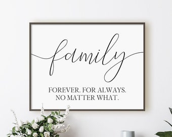 Family Forever For Always No Matter What Printable, Living Room Wall Art, Quote About Family, Digital Instant Download Printable Wall Art
