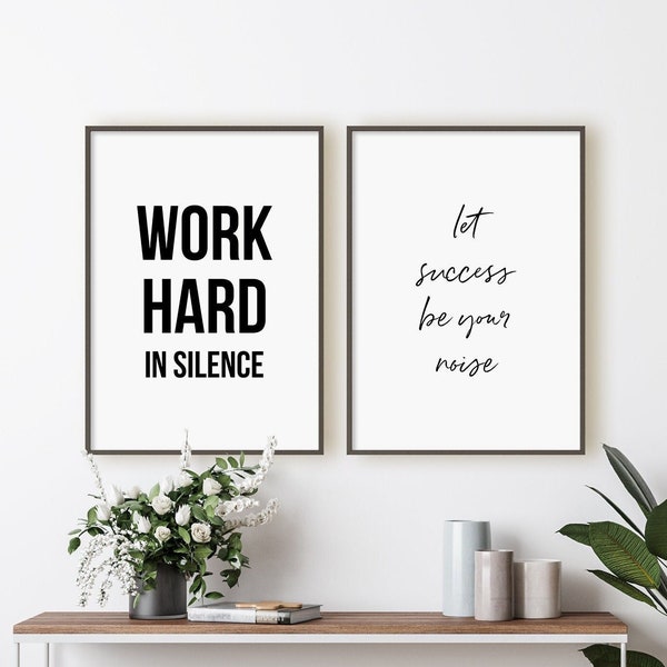 Work Hard In Silence Let Success Be Your Noise Print Set, Set Of 2 Prints, Minimalist Digital Instant Download Printable Wall Art