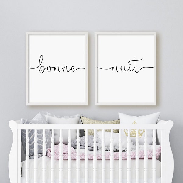 Bonne Nuit Print Set, Set Of 2 Prints, French Wall Art, Goodnight Print, Nursery Wall Art, Digital Instant Download Printable Wall Art