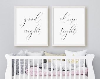 Good Night Sleep Tight Print Set, Set Of 2 Prints, Nursery Wall Art, Bedroom Prints, Minimalist Digital Instant Download Printable Wall Art