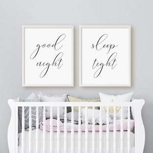 Good Night Sleep Tight Print Set, Set Of 2 Prints, Nursery Wall Art, Bedroom Prints, Minimalist Digital Instant Download Printable Wall Art