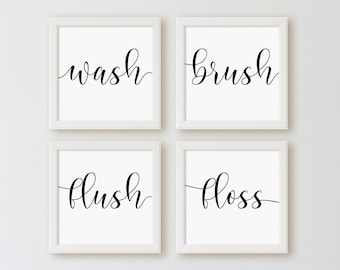 Bathroom Print Set, Wash Brush Flush Floss, Set Of 4 prints, Bathroom Wall Art, Bathroom Rules, Instant Download Printable Wall Art