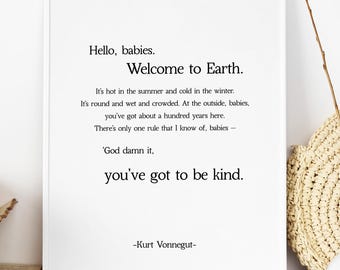 Kurt Vonnegut Quote, God Bless You Mr. Rosewater Print, Hello Babies, Literary Gifts, Book Lover Printable Art Prints Instant Download