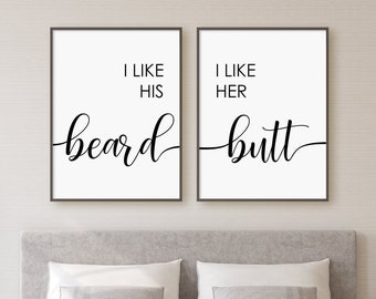 I Like His Beard I Like Her Butt Print Set, Set Of 2 Prints, Couple Bedroom Wall Art, Minimalist Digital Instant Download Printable Wall Art