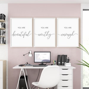 You Are Beautiful You Are Worthy You Are Enough Print Set, Set Of 3 Prints, Digital Instant Download Printable Wall Art