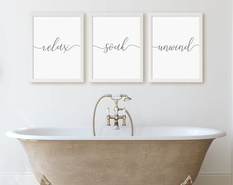 Relax Soak Unwind Print, Set Of 3 Prints, Bathroom Wall Art, Modern Bathroom Prints, Minimalist Instant Download Wall Art