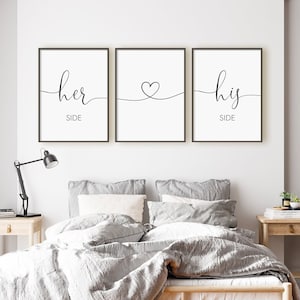 Her Side His Side Print Set, Set Of 3 Prints, Heart Print, Master Bedroom Wall Art, Minimalist Digital Instant Download Printable Wall Art