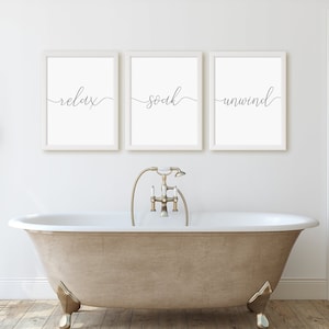 Relax Soak Unwind-print, set van 3 prints, badkamer muurkunst, moderne badkamer prints, minimalistische Instant Download kunst aan de muur