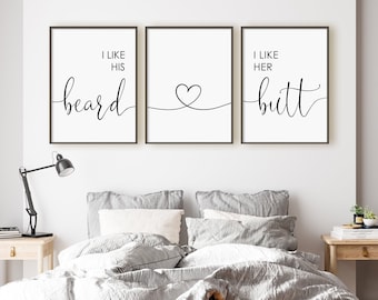 I Like His Beard I Like Her Butt Print Set, Set Of 3 Prints, Heart Line Art, Romantic Wall Art, Digital Instant Download Printable Wall Art