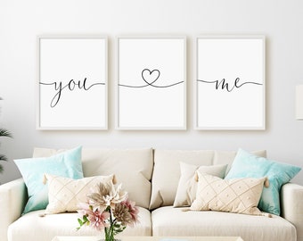 You And Me Print Set, Set Of 3 Prints, Heart Line Print, You Heart Me, Romantic Wall Art, Minimalist Instant Download Printable Wall Art