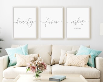 Beauty From Ashes Print Set, Isaiah 61:3, Set Of 3 Prints, Christian Decor, Bible Verse Wall Art, Instant Download Printable Wall Art