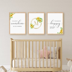 Custom Printable Set Of 3 Prints, You Are My Sunshine, Sunflower Nursery, Custom Gold Sunflower Monogram, Digital Download Wall Art