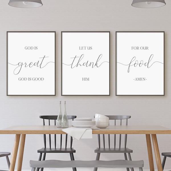 God Is Great God Is Good Let Us Thank Him For Our Food Amen Print Set, Set Of 3 Prints, Digital Instant Download Printable Wall Art