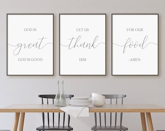 God Is Great God Is Good Let Us Thank Him For Our Food Amen Print Set, Set Of 3 Prints, Digital Instant Download Printable Wall Art