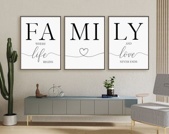 Family Where Life Begins And Love Never Ends Print Set, Set Of 3 Prints, Family Sign, Minimalist Digital Instant Download Printable Wall Art