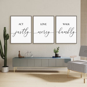 Stampa &quot;Agisci giustamente, ama la misericordia, cammina umilmente&quot;, set di 3 stampe, arte murale cristiana, arte murale minimalista digitale scaricabile istantaneamente