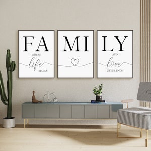 Familie, wo das Leben beginnt und die Liebe niemals endet Print-Set, 3er-Set Drucke, Familien Zeichen, minimalistische digitale Sofort Download druckbare Wandkunst