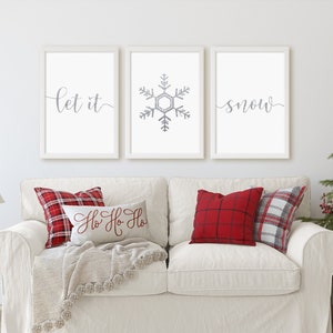 Let It Snow Print Set, Silver Snowflake, Set Of 3 Prints, Winter Wall Art, Christmas Minimalist Digital Instant Download Printable Wall Art