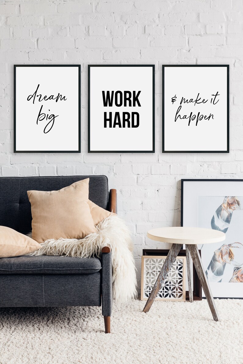 Minimalist Instant Download Wall Art Make It Happen Print Set Of 3 Wall Art Work Hard Dream Big