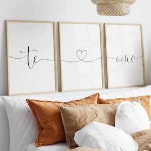Te Amo-printset, set van 3 prints, hartlijnprint, ik hou van jou-print, Spaanse muurkunst, minimalistische instant download afdrukbare muurkunst