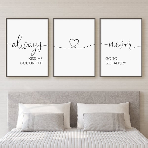 Always Kiss Me Goodnight Never Go To Bed Angry Print Set, Set Of 3 Prints, Minimalist Digital Instant Download Printable Wall Art