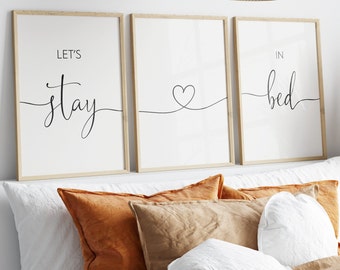 Let's Stay In Bed Print Set, Set Of 3 Prints, Heart Line Print, Minimalist Instant Download Printable Wall Art