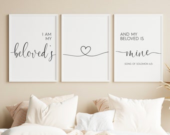 I Am My Beloved's And My Beloved Is Mine Print Set, Song Of Solomon 6:3, Set Of 3 Prints, Heart Print, Instant Download Printable Art