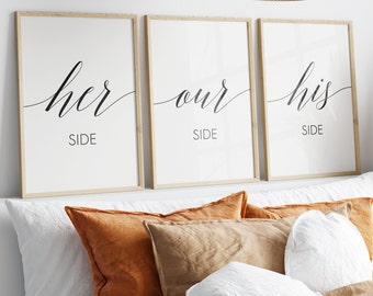 His Side Our Side Her Side Print Set, Set Of 3 Prints, His And Hers Prints, Couple Bedroom Wall Art, Instant Download Printable Wall Art