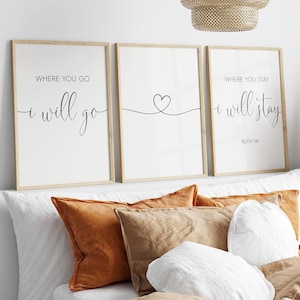 Wohin du gehst, werde ich gehen, wo du bleiben, wo bleiben, Ruth 1:16, Set von 3 Drucken, Herz Linie Druck, sofortiger Download druckbare Kunst