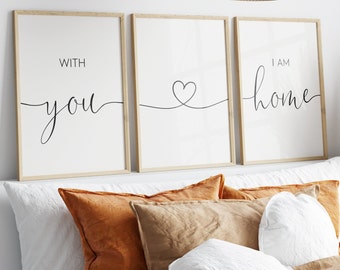 With You I Am Home Print Set, Set Of 3 Prints, Heart Line Print, Minimalist Instant Download Printable Wall Art