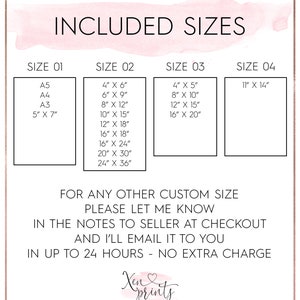 Pu&ograve; includere: Una grafica bianca con accenti rosa elenca le diverse dimensioni disponibili per le stampe. Le dimensioni sono elencate in pollici. Il testo recita "DIMENSIONI INCLUSE" e "PER QUALSIASI ALTRO FORMATO PERSONALIZZATO, PER FAVORE FAMMELO SAPERE NELLE NOTE AL VENDITORE AL MOMENTO DEL CHECKOUT E TI MANDER&Ograve; UN'EMAIL ENTRO 24 ORE - SENZA COSTI AGGIUNTIVI". La grafica include anche il testo "Xen prints" con un simbolo di cuore.