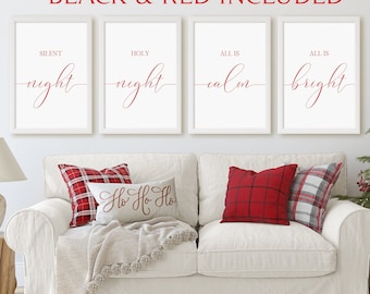 Christmas Print Set, Silent Night Holy Night All Is Calm All Is Bright, Set of 4 Prints, Digital Instant Download Christmas Wall Art